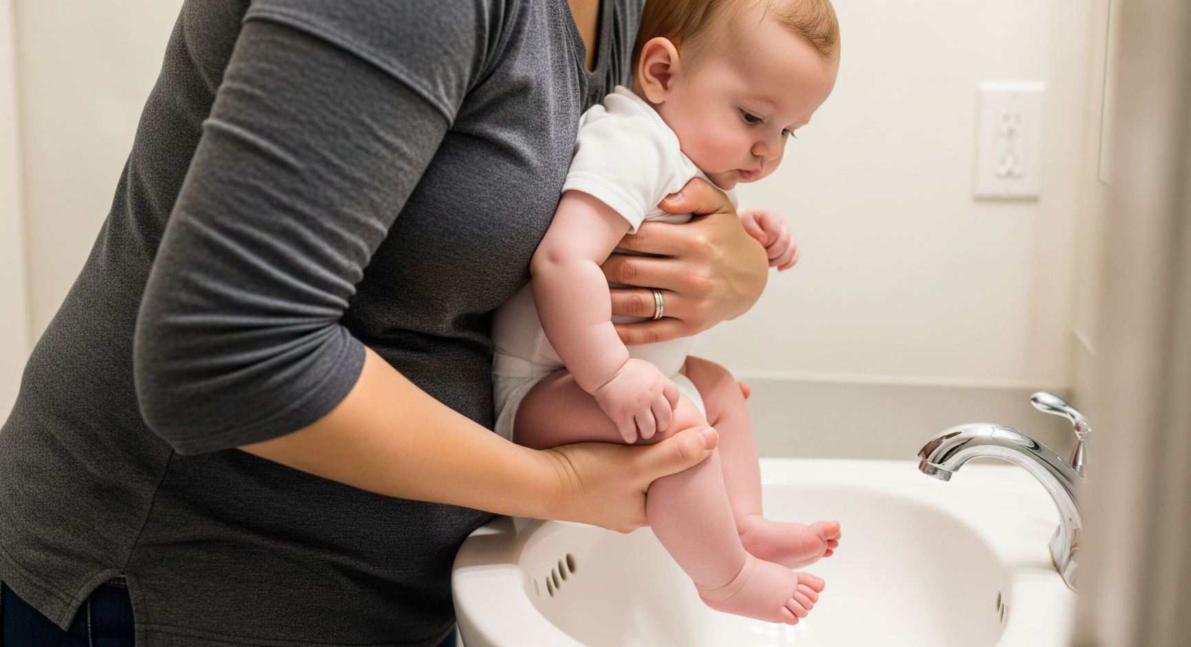 Barn i vit body med förälder som övar på babypottning.