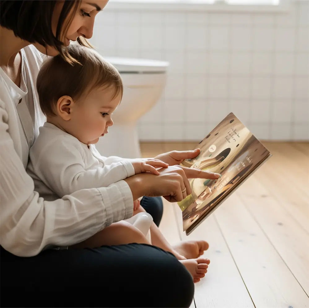 Litet barn som sitter på pottan och läser en bok om potträning tillsammans med sin mamma